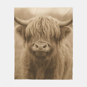 Highland Cow Sepia Portrait Fleece Blanket