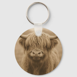 Highland Cow Sepia Portrait Key Ring