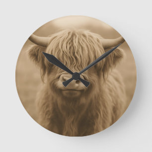 Highland Cow Sepia Portrait Round Clock