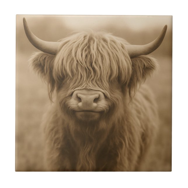 Highland Cow Sepia Portrait Tile (Front)