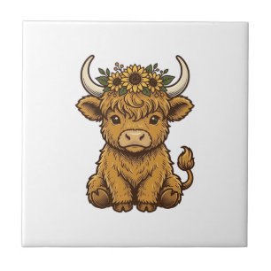 Highland Cow Shirt Cute Sunflower Calf Art Tile
