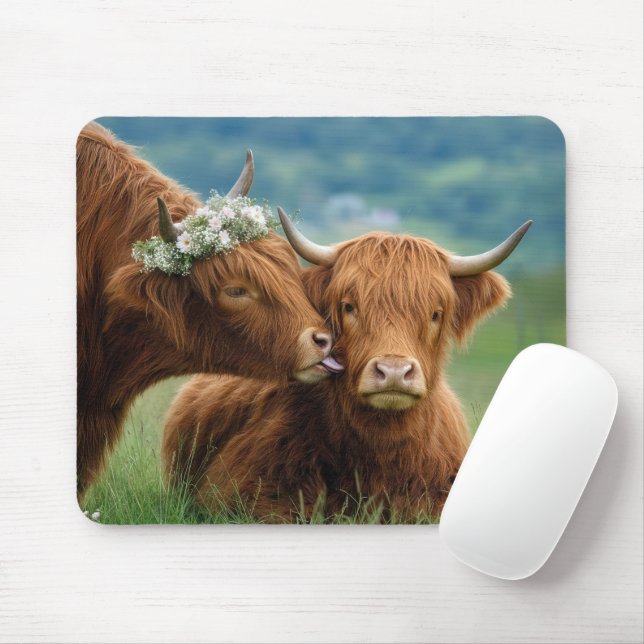 Highland Cow Showing Affection Mouse Mat (With Mouse)