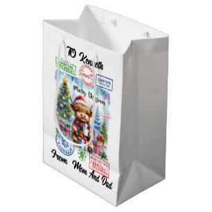 Highland Cow Sips by Christmas Tree Medium Gift Bag