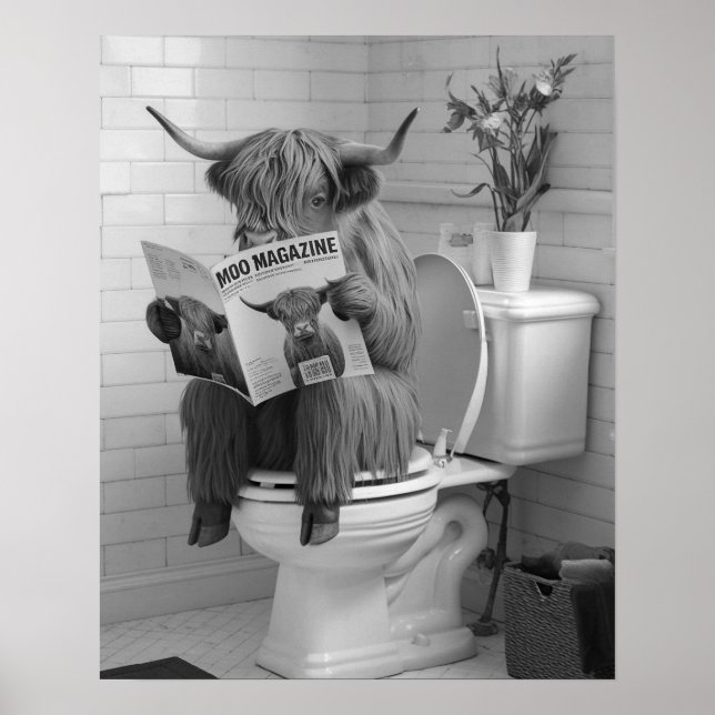 Highland Cow Sitting on Toilet Reading Bathroom Poster (Front)
