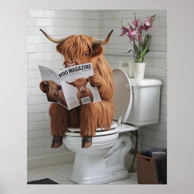 Highland Cow Sitting on Toilet Reading Bathroom Poster (Front)