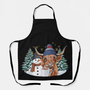 Highland Cow Snowman Hot Cocoa Christmas Tree Xmas Apron