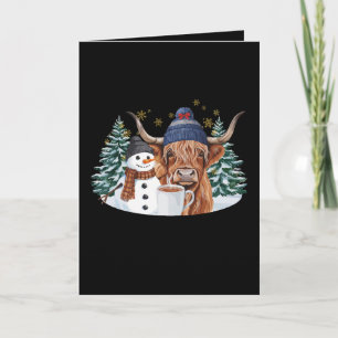 Highland Cow Snowman Hot Cocoa Christmas Tree Xmas Card