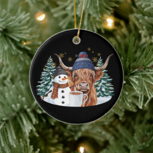 Highland Cow Snowman Hot Cocoa Christmas Tree Xmas Ceramic Tree Decoration