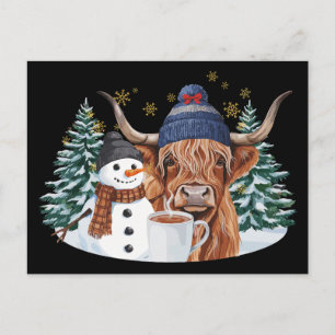 Highland Cow Snowman Hot Cocoa Christmas Tree Xmas Holiday Postcard