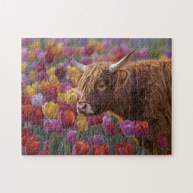 Highland Cow Spring Tulips Jigsaw Puzzle (Horizontal)