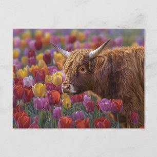 Highland Cow Spring Tulips Postcard