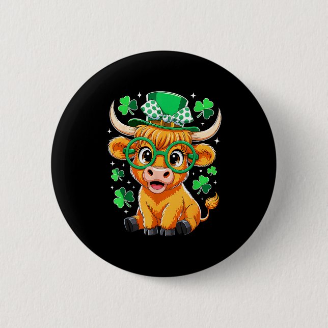 Highland Cow St Patrick Day Funny Shamrock Irish C 6 Cm Round Badge (Front)