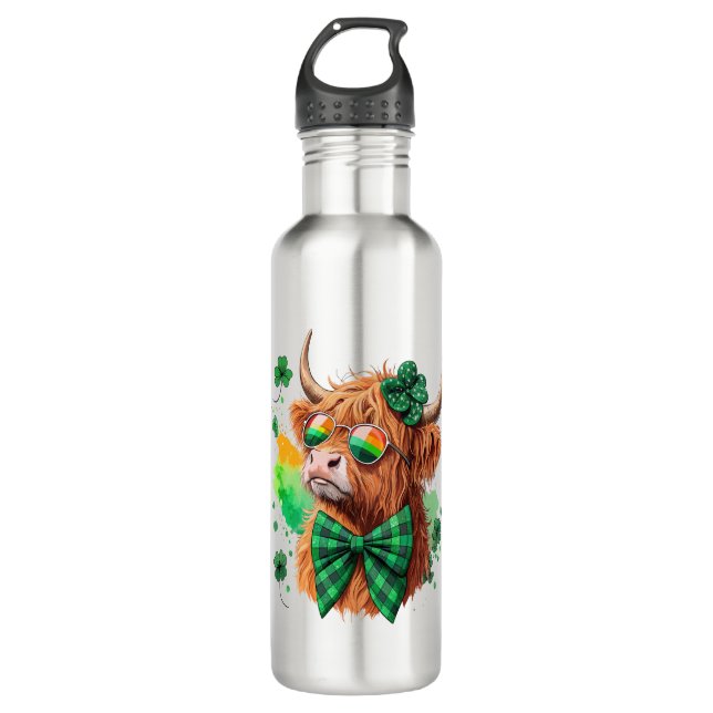 Highland Cow St Patrick�s Png, Lucky Cow 710 Ml Water Bottle (Front)