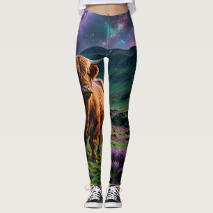 Highland Cow standing under stars in Heather Leggings