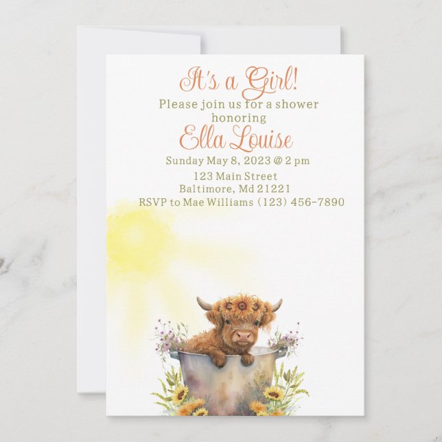 Highland cow sunflower baby shower  invitation (Front)