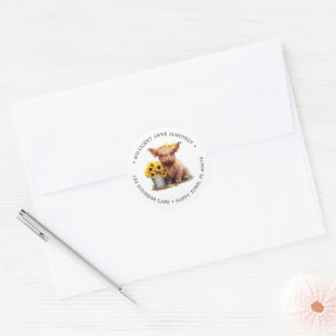 Highland Cow Sunflower Bucket Round Address Label