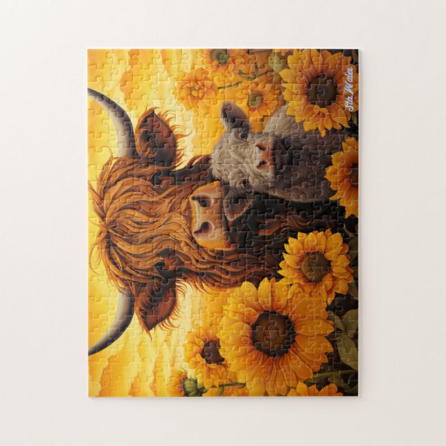 highland cow sunflower with calf puzzle (Vertical)
