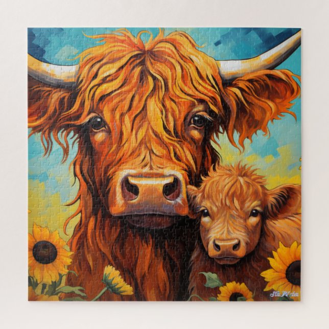 highland cow sunflower with calf puzzle (Vertical)