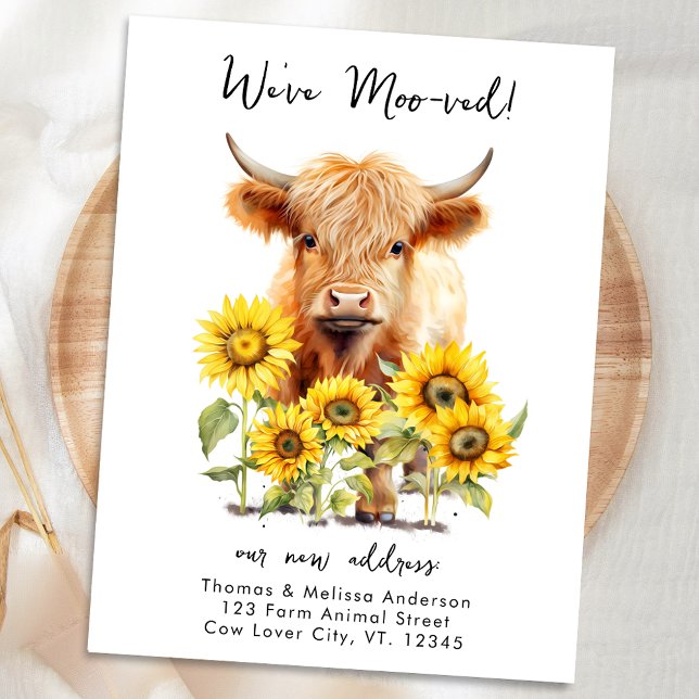 Highland Cow Sunflowers Farm New Address Moving Announcement Postcard (Creator Uploaded)