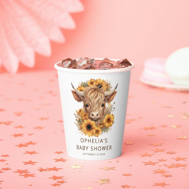 Highland Cow Sunflowers Name Baby Shower Paper Cups (Insitu)