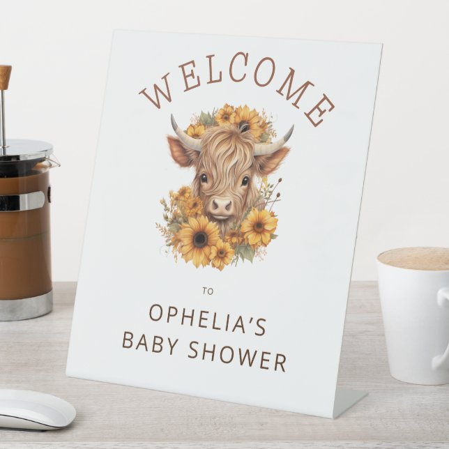 Highland Cow Sunflowers Welcome Baby Shower Pedestal Sign (In SItu)