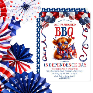 Highland Cow Sunglasses Independence Day BBQ Party Invitation