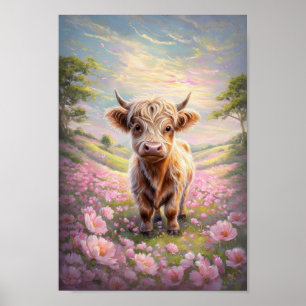 Highland Cow Surrounded By Blush Pink Flowers  Poster