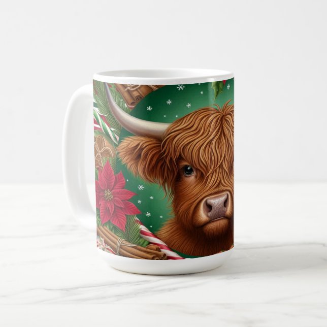 Highland Cow Surrounded By Christmas Flowers Coffee Mug (Front Left)