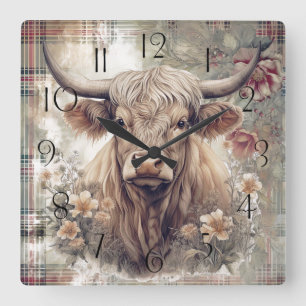 Highland Cow Tartan Clan Watercolor Square Wall Clock