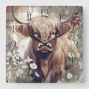 Highland Cow Tartan Clan Watercolor Square Wall Clock
