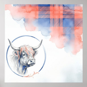 Highland Cow Tartan Watercolor Poster