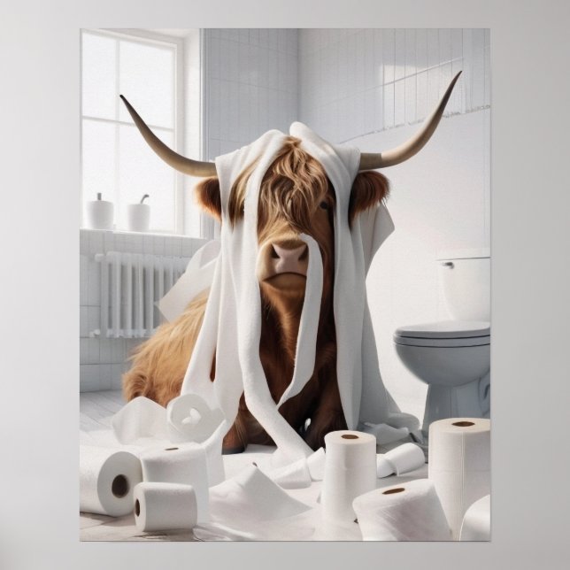 Highland Cow Toilet Paper Mischief Bathroom Poster (Front)
