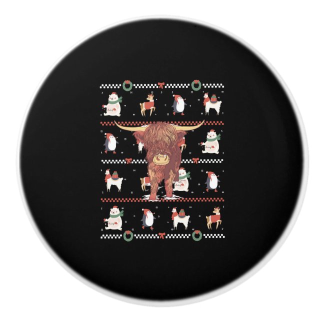 Highland Cow Ugly Christmas Ceramic Knob (Front)