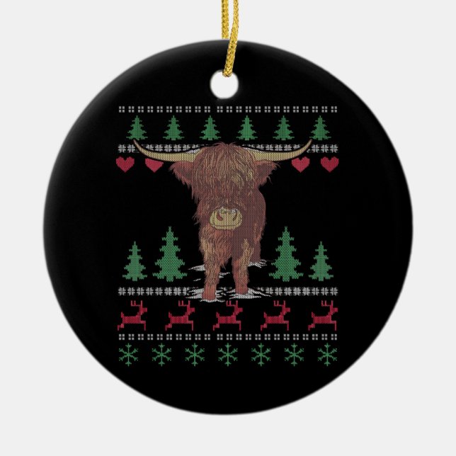 Highland Cow Ugly Christmas Ceramic Tree Decoration (Front)