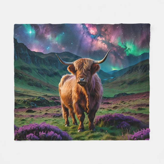 Highland Cow Under The stars Fleece Blanket (Front (Horizontal))