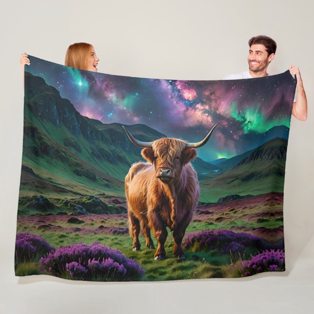 Highland Cow Under The stars Fleece Blanket (In Situ)