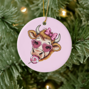 Highland Cow Valentine Coquette Valentine's Day  Ceramic Tree Decoration