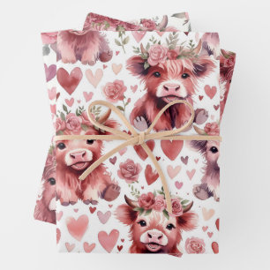 Highland Cow Valentine Pink Floral Watercolor Wrapping Paper Sheet