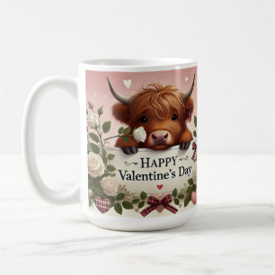 Highland Cow Valentine With White Roses Coffee Mug