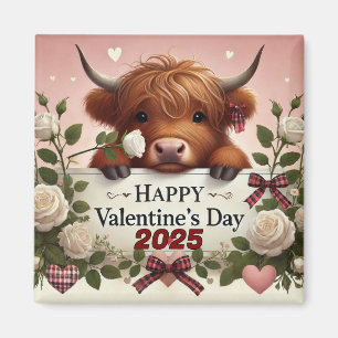 Highland Cow Valentine With White Roses   Magnet