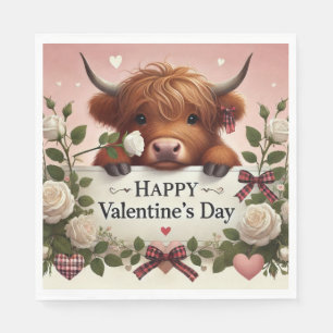 Highland Cow Valentine With White Roses   Napkin