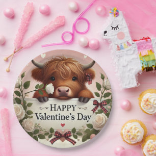 Highland Cow Valentine With White Roses   Paper Plate