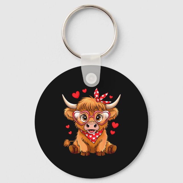 Highland Cow Valentines Day Funny Hearts Valentine Key Ring (Front)