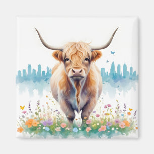 Highland Cow Vintage Animal Nature Forest City Art Magnet