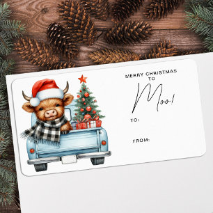 Highland Cow Vintage Blue Truck Merry Christmas Label