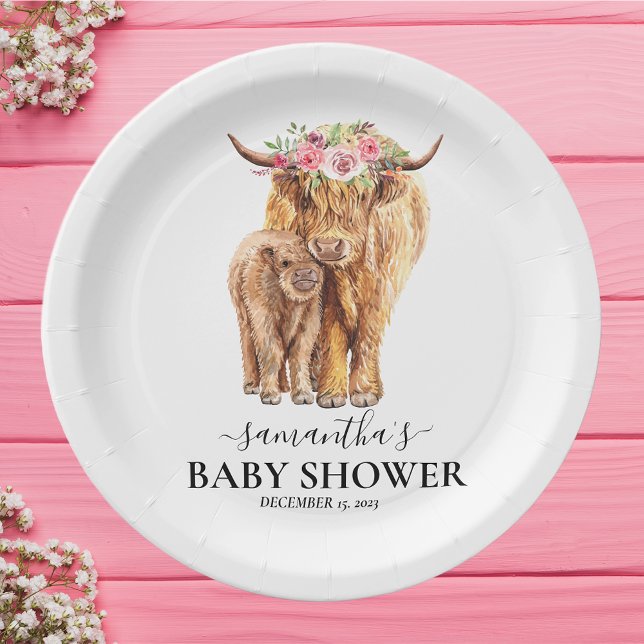 Highland Cow Watercolor Baby Shower Calf  Paper Plate (Creator Uploaded)