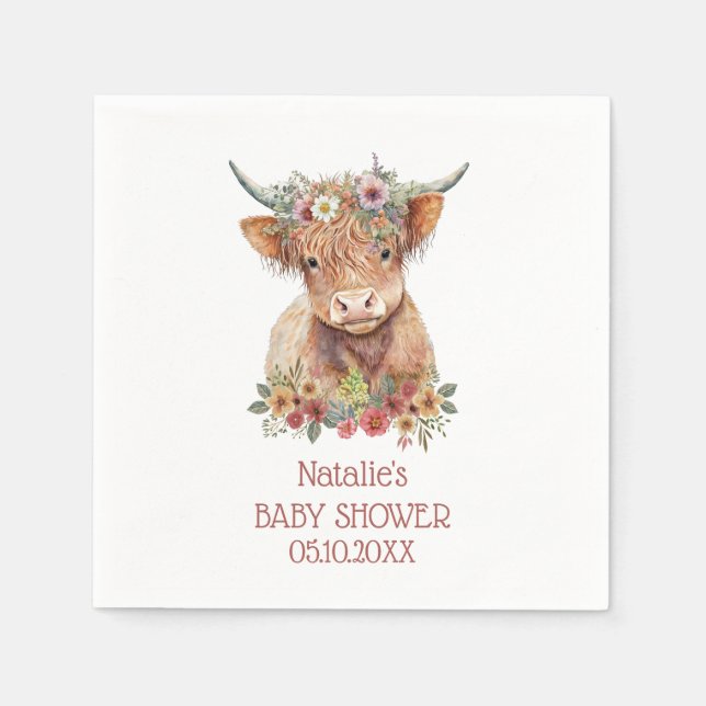 Highland Cow watercolor Baby Shower Cute Design Napkin (Front)
