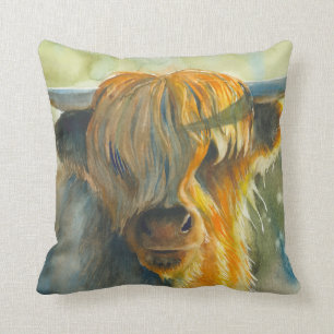 Highland cow watercolor home decor pillow