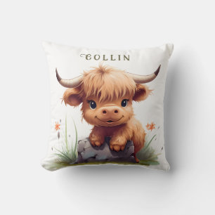 Highland cow watercolor throw pillow