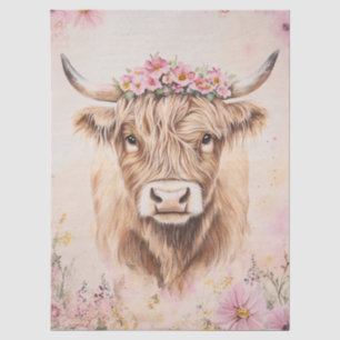 Highland Cow Watercolor Tissue Paper Pink Flowers
